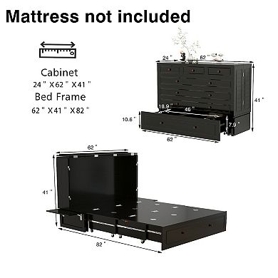 Queen Murphy Bed Cabinet with Charging Station & Storage,Black Bed for Guest Room_Without mattress