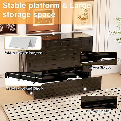 Queen Murphy Bed Cabinet with Charging Station & Storage,Black Bed for Guest Room_Without mattress