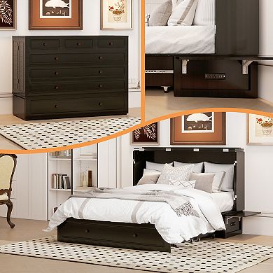 Queen Murphy Bed Cabinet with Charging Station & Storage,Black Bed for Guest Room_Without mattress
