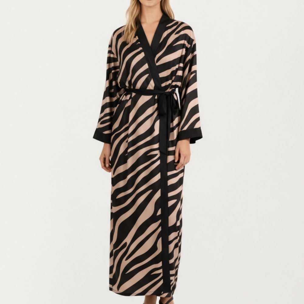 Women's Long Satin Robe with Zebra Print Pattern and Tie Waist Belt