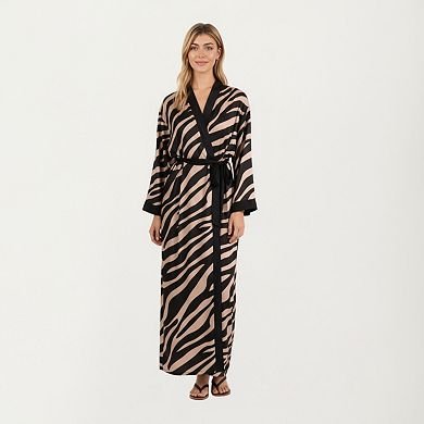 Women's Long Satin Robe with Zebra Print Pattern and Tie Waist Belt