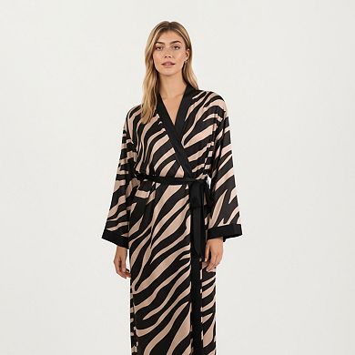 Women's Long Satin Robe with Zebra Print Pattern and Tie Waist Belt