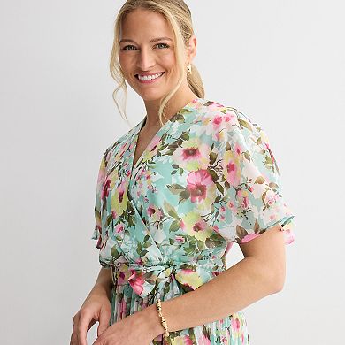Women's Sandra Darren Short Sleeve Floral Pleated Surplice Maxi Dress