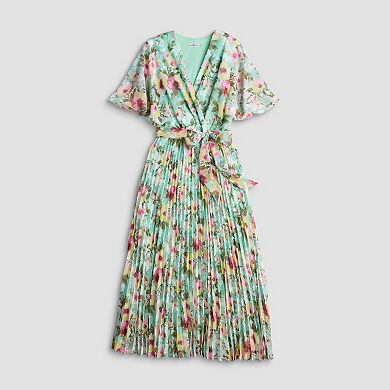 Women's Sandra Darren Short Sleeve Floral Pleated Surplice Maxi Dress
