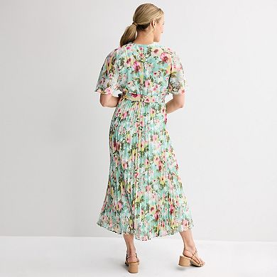 Women's Sandra Darren Short Sleeve Floral Pleated Surplice Maxi Dress