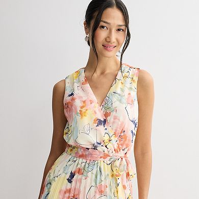 Women's Sandra Darren Sleeveless Surplice Pleated Floral Dress