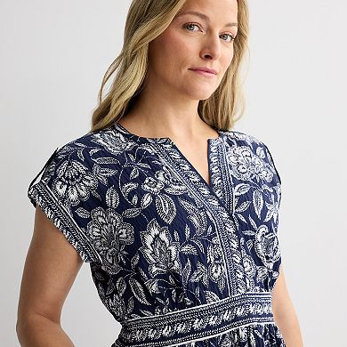 Women's 5th + Madison Edit Cap Sleeve Border Print Midi Dress With Smocking