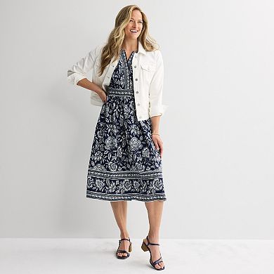 Women's 5th + Madison Edit Cap Sleeve Border Print Midi Dress With Smocking