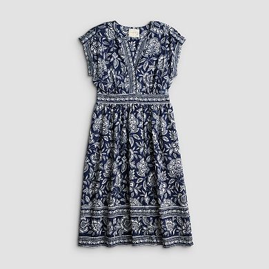 Women's 5th + Madison Edit Cap Sleeve Border Print Midi Dress With Smocking