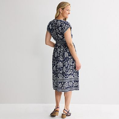 Women's 5th + Madison Edit Cap Sleeve Border Print Midi Dress With Smocking
