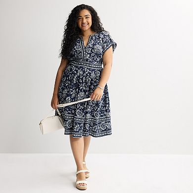 Plus Size 5th + Madison Edit Cap Sleeve Midi Border Dress
