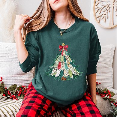Christmas Tree Stitched - Women's Garment Dyed Long Sleeve Graphic T-Shirt