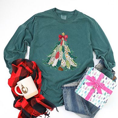 Christmas Tree Stitched - Women's Garment Dyed Long Sleeve Graphic T-Shirt