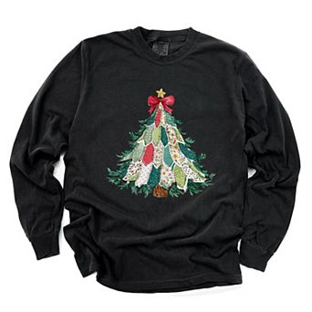 Christmas Tree Stitched - Women's Garment Dyed Long Sleeve Graphic T-Shirt