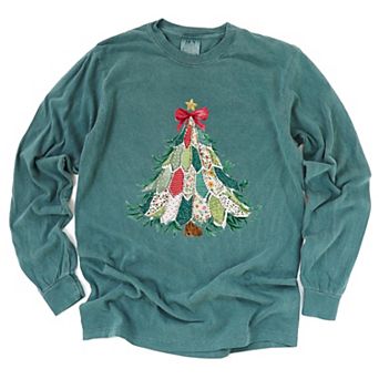Christmas Tree Stitched - Women's Garment Dyed Long Sleeve Graphic T-Shirt