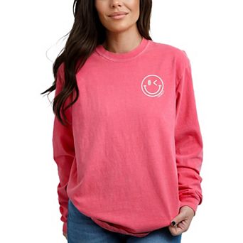 S.W.Smiley Embroidered Smiley Face Outline - Women's Garment Dyed Long Sleeve Graphic T-Shirt