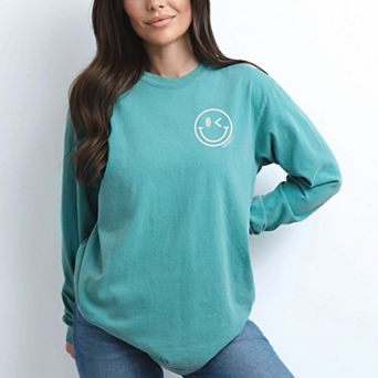 S.W.Smiley Embroidered Smiley Face Outline - Women's Garment Dyed Long Sleeve Graphic T-Shirt