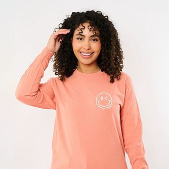 S.W.Smiley Embroidered Smiley Face Outline - Women's Garment Dyed Long Sleeve Graphic T-Shirt