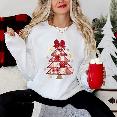 Christmas Tree Red Patchwork Print - Women's Graphic Sweatshirt