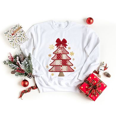 Christmas Tree Red Patchwork Print - Women's Graphic Sweatshirt
