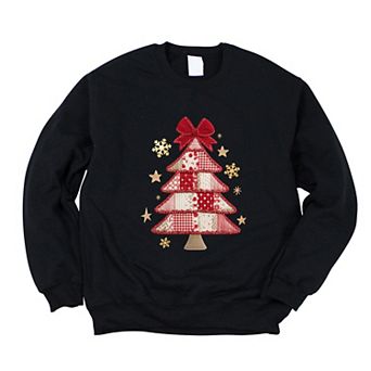 Christmas Tree Red Patchwork Print - Women's Graphic Sweatshirt