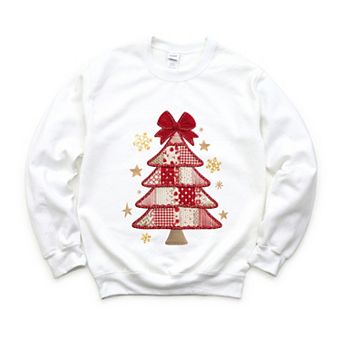 Christmas Tree Red Patchwork Print - Women's Graphic Sweatshirt