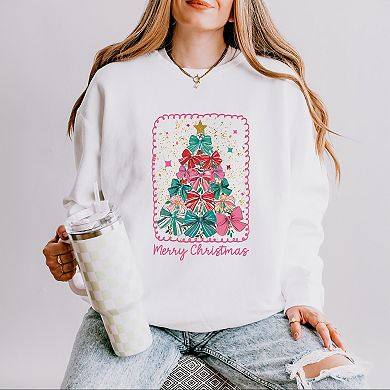 Merry Christmas Bow Tree - Women's Lightweight Garment Dyed Sweatshirt