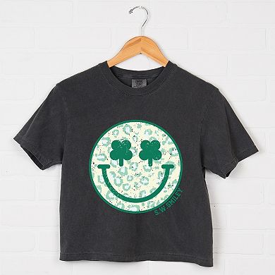 S.W.Smiley Clover Leopard Smiley Face - Women's Boxy Crop Top Graphic T-Shirt