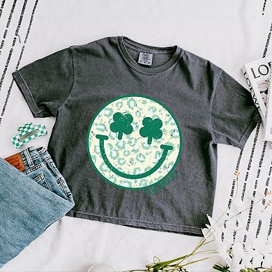 S.W.Smiley Clover Leopard Smiley Face - Women's Boxy Crop Top Graphic T-Shirt