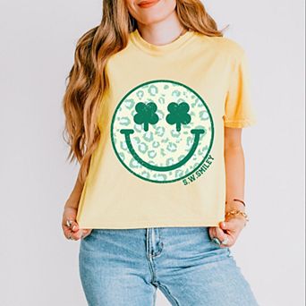 S.W.Smiley Clover Leopard Smiley Face - Women's Boxy Crop Top Graphic T-Shirt