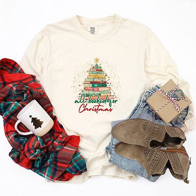 All Booked For Christmas Sparkle - Women's Garment Dyed Long Sleeve Graphic T-Shirt