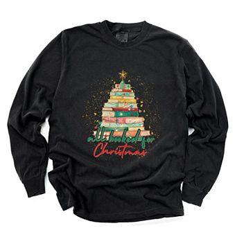 All Booked For Christmas Sparkle - Women's Garment Dyed Long Sleeve Graphic T-Shirt