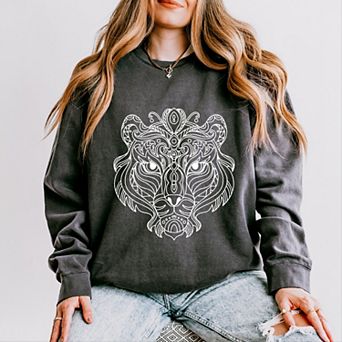 Tiger Face Mandala - Women's Lightweight Garment Dyed Sweatshirt