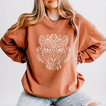 Tiger Face Mandala - Women's Lightweight Garment Dyed Sweatshirt