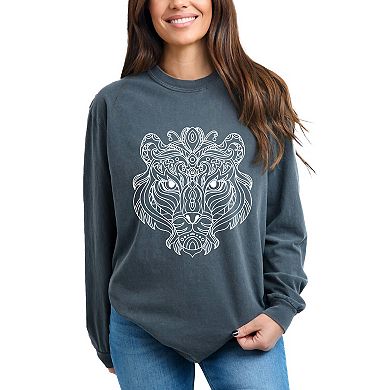 Tiger Face Mandala - Women's Garment Dyed Long Sleeve Graphic T-Shirt