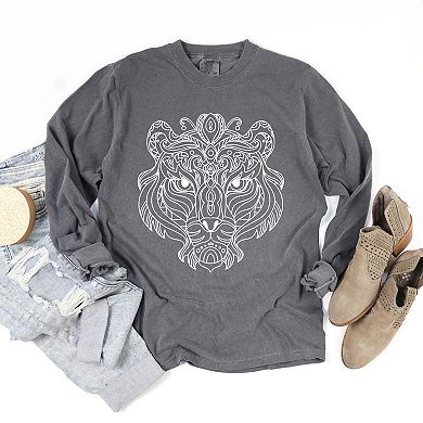 Tiger Face Mandala - Women's Garment Dyed Long Sleeve Graphic T-Shirt