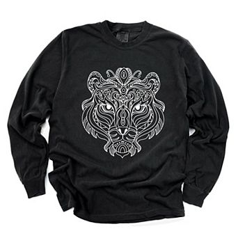 Tiger Face Mandala - Women's Garment Dyed Long Sleeve Graphic T-Shirt