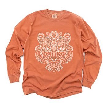 Tiger Face Mandala - Women's Garment Dyed Long Sleeve Graphic T-Shirt