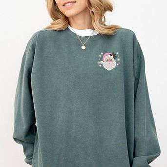 Embroidered Pink Santa Hat - Women's Garment Dyed Graphic Sweatshirt