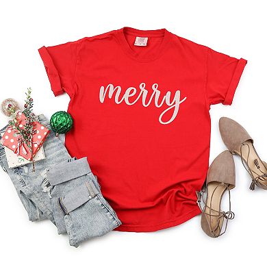 Embroidered Merry Cursive - Women's Garment Dyed Graphic T-Shirt