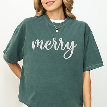 Embroidered Merry Cursive - Women's Garment Dyed Graphic T-Shirt