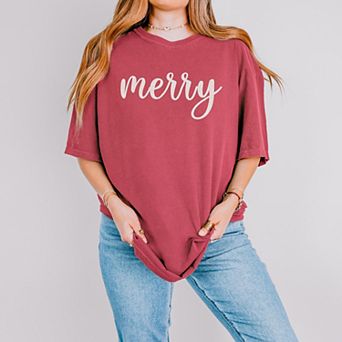 Embroidered Merry Cursive - Women's Garment Dyed Graphic T-Shirt