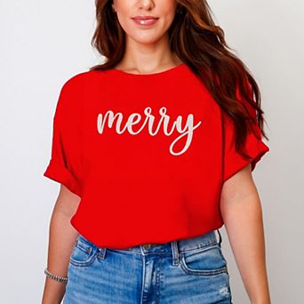 Embroidered Merry Cursive - Women's Garment Dyed Graphic T-Shirt
