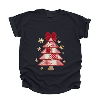 Christmas Tree Red Patchwork Print - Women's Garment Dyed Graphic T-Shirt