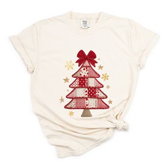 Christmas Tree Red Patchwork Print - Women's Garment Dyed Graphic T-Shirt