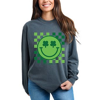 S.W.Smiley Clover Eyes Smiley - Women's Garment Dyed Long Sleeve Graphic T-Shirt