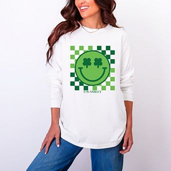 S.W.Smiley Clover Eyes Smiley - Women's Garment Dyed Long Sleeve Graphic T-Shirt
