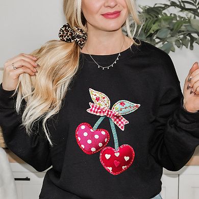 Cherry Hearts Patchwork Print - Women's Graphic Sweatshirt