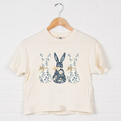 Three Blue Willow Bunnies - Women's Boxy Crop Top Graphic T-Shirt