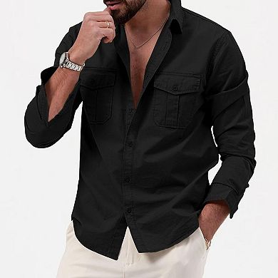 Men's Multi-Pocket Long Sleeve Shirt Casual Button-Down Utility Top